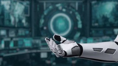 Robotik bir el, teknolojinin ve yenilikçi tasarımın kesişiminin fütüristik bir ortamda sergilendiği yapay zeka ve dijital grafiklerin holografik bir görüntüsünü sunar. Auvana