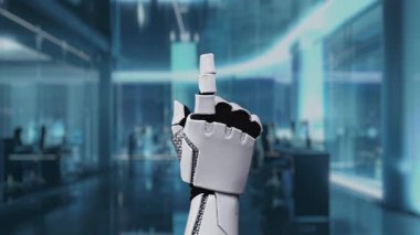 Modern bir robotik el, yenilik ve otomasyonu sembolize eden, gelecekteki ofis ortamında dijital simgelerle çevrili etkileşimli bir yapay zeka arayüzü ile karşılaşır. Auvana