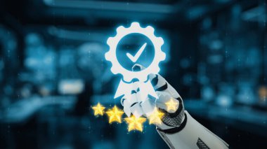 Fütürist robot bir el, dijital teknolojiyle dolu modern bir çalışma alanında kaliteyi ve yeniliği simgeleyen işaretli parlak bir dişli simgesi sergiliyor. Auvana