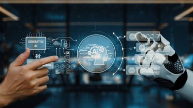 Bir insan eli, yapay zeka ve işbirliğindeki yeniliği sembolize eden, üretken yapay zeka teknolojisini temsil eden dijital bir arayüz içinde robot bir ele doğru hareket eder. Auvana