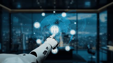 Robotik bir el dijital bir küreye işaret ediyor, modern ofis alanındaki insan bağlantılarını vurguluyor, teknoloji ve iletişimin kesişimini sembolize ediyor. Auvana