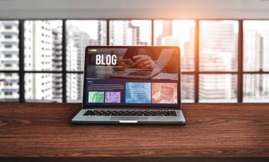 blogging concept, web blog Social Media Information network snugly. social media online content, freelance worker, working online, content creator, blogger, website, reading blog online on computer