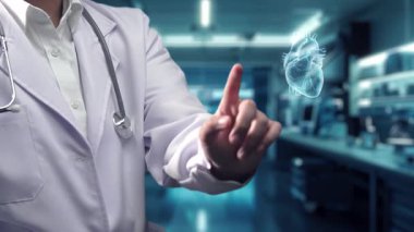 Doktorun ayakta dikilip arka planı bulanık bir şekilde laboratuvarda yüzen kalp hologramına işaret etmesine yakın durun. Tıbbi çalışanlar teknolojik yenilikçi kalp rahatsızlığını kontrol ediyor ve kullanıyor. İyileştirici.