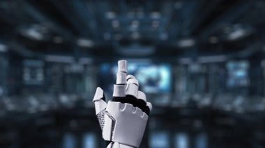Bir robot el, sanal bir yapay zeka sohbet robotu arayüzü ile etkileşime girer ve bir komut iletisi gösterir, dijital ortamda bulut teknolojisi ve yenilikleri gösterir. Auvana