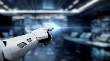 Bir robot el canlı bir bulut arayüzü ile etkileşime girer, veri transferini ve çağdaş bilgisayar ortamlarındaki teknolojik yeniliği sembolize eder. Auvana