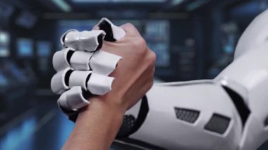 Konuşma baloncukları olan mavi yapay zeka robotuna uzanan bir el teknolojinin ve iletişimin geleceğini temsil ediyor, dijital dünyada yenilikler sergiliyor. Auvana