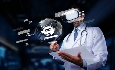 Tıbbi bir profesyonel sanal gerçeklik teknolojisinden faydalanıyor, küresel bir ağ ve sohbet robotu arayüzü ile hasta bakımını ve yeniliğini geliştirmek için etkileşimde bulunuyor. PHMT