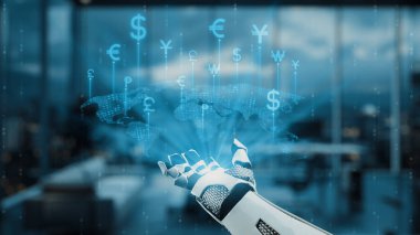Fütürist robotik bir el, küresel finans alanındaki gelişmeleri sembolize eden, modern bir ofis arkaplanı arasında çeşitli para birimi sembolleri sergileyen parlak bir arayüzden ortaya çıkıyor. Auvana
