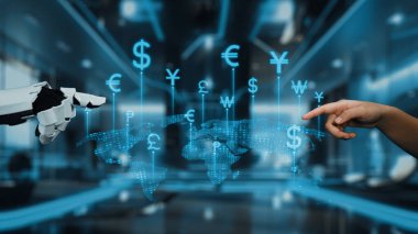 Bir insan eli, modern bir çalışma alanında küresel finans ve gelişmiş teknolojide dijital geleceği temsil eden yüzen para birimi sembolleriyle robotik bir ele doğru uzanıyor. Auvana