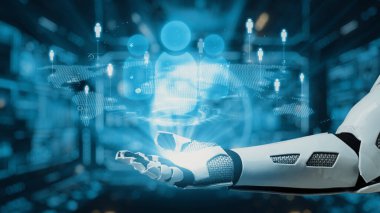 Robotik bir el modern dijital ortamda holografik insan figürleriyle etkileşime girer, gelişmiş teknolojiyi, yapay zeka etkileşimini ve iletişimin geleceğini sembolize eder. Auvana