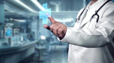 Doktorun tıbbi holograma bakıp işaret etmesine ve teknolojik yenilikler kullanarak hasta semptomlarını teşhis etmeye hazırlanmasına yakın durun. Holografik. Doktor tıbbi haç simgesini seçiyor. İyileştirici.