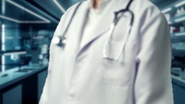 Laboratuvarda elinde tıbbi haç hologramı tutan bulanık geçmişi olan tıbbi işçilere yakın çekim. Teknoloji kullanarak tıbbi verileri inceleyen ve analiz eden yetenekli bir doktor. İyileştirici.