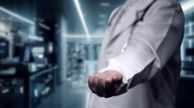 Laboratuvarda tıbbi haç hologramı tutan zeki bir sağlık çalışanına yakın durun. Profesyonel doktor ayakta ve hastanede çalışırken tıbbi verilere bakıyor. Teknoloji. İyileştirici.