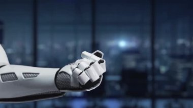 Holografik ikonların yer aldığı dijital bir arayüz sunan, modern bilgi erişimi ve etkileşiminde teknoloji potansiyeli gösteren gelecekçi bir robot el. Auvana