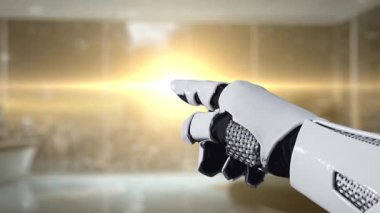 Gösterişli bir robot el, modern ofis ortamında vites ve iş simgeleriyle dolu dijital bir arayüzü kontrol etmek için uzanır. Auvana