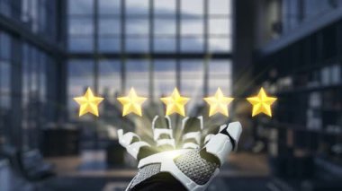 Fütürist bir robot eli beş altın yıldıza ulaşarak yüksek reytingleri sembolize ediyor. Konuşma balonları yüzer, modern ofis ortamında iletişimi temsil eder. Auvana