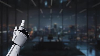 Bir robot el, lüks bir ofis ortamında dijital pazarlama stratejisi arayüzüne bağlanıyor, gelişmiş teknoloji ve iş büyümesi için yenilikçi fikirler sergiliyor. Auvana