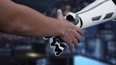 Modern bir çalışma alanında, teknoloji ve dijital iletişimin dinamik bir iş ortamında entegrasyonunu vurgulayan, bulut veri sembolleriyle etkileşen bir robot el sergileniyor. Auvana