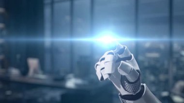 Modern bir robot el, finansal büyüme, bankacılık faaliyetleri ve gösterişli bir şirket ortamında ekonomik göstergeleri gösteren dijital elementlerle uğraşır. Auvana