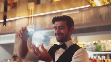 Lüks barlarda cin fiz ya da tonik servisi yapan gülümseyen akıllı barmen, güzel VIP müşterilerle sıcak gece klübünün arka plan atmosferinde canlı sohbetler yapıyor. Vinosity.