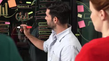 Akıllı yatırımcılara pazarlama fikri ya da finansal planı sunan profesyonel iş adamı. Yönetici yönetici paylaşıyor, konuşuyor, kooperatif iş arkadaşlarıyla birlikte çalışıyor. İş konsepti. İzleme