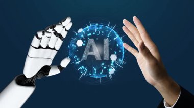 Gelecekçi robot yapay zeka devrimci yapay zeka teknoloji geliştirme ve makine öğrenme kavramı. İnsan hayatının geleceği için küresel robotik RPA bilim araştırması. 3B görüntüleme grafiği.
