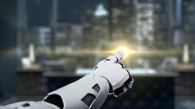 Robotik bir el, yüksek teknolojili şehir ortamında reytingleri ve geri bildirimleri sembolize ederek iletişimi ve değerlendirmeyi vurgulayan bir ekrandaki beş altın yıldızı işaret eder. Auvana