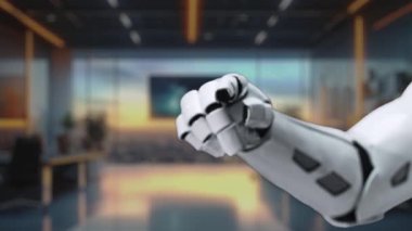 Gösterişli bir robot kol, modern ofis ortamında dijital bir klasör arayüzü ile etkileşime geçerek, teknolojinin ve otomasyonun verimliliğin artırılması için karışımını sergiliyor. Auvana