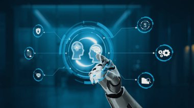 Fütürist bir robot el, yapay zeka ve veri analizi kavramlarını temsil eden bir dijital arayüzle bağlantı kurar. Teknolojiyle ilgili projeler için ideal. Auvana