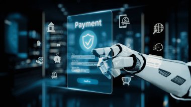 Fütüristik bir robot el, şeffaf bir dijital ödeme arayüzüne bağlanıyor ve güvenlik ve verimliliği vurgulayan lüks bir finansal ortamda gelişmiş teknoloji sergiliyor. Auvana