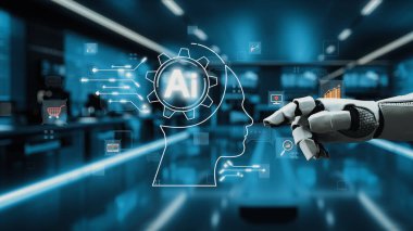 Gelecekçi bir robot eli yapay zeka arayüzü ile etkileşime girer, teknolojideki yeniliği ve insanlar ve makineler arasındaki gelişen ilişkiyi temsil eder. Auvana