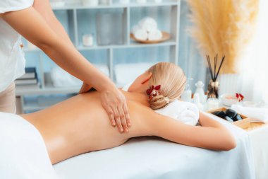 Kafkasyalı kadın müşteri stres önleyici spa masajının keyfini çıkarıyor ve lüks otel ya da oteldeki gündüz açık ortam güzellik salonunda güzellik teniyle eğleniyor. Sessiz.