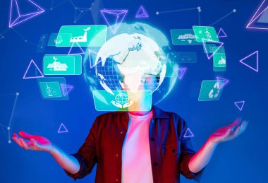 Bu resim, sürdürülebilir teknoloji kavramlarının yenilenebilir enerji farkındalığını destekleyen çevre dostu ikonlarla çevrili holografik bir Dünya 'nın modern ve dijital bir temsilini sergiliyor. XDMCP