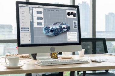 Bilgisayar ekranındaki elektrikli araba tasarım yazılımı, imalat için dijital hesaplama uygulaması ile simülasyon planlarını rahat bir şekilde gösteriyor