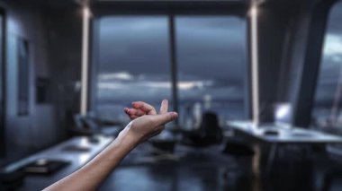 Bir robot kol, modern ofis ortamında insan-makine işbirliğini ve yenilikçi veri görselleştirmesini vurgulayan dijital çalışma alanını gösteren bir yapay zeka arayüzüne bağlanır. Auvana