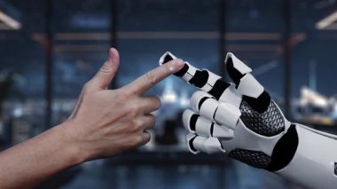 Bir insan eli dijital arayüzü gösteren robotik bir elle etkileşime girer. Sergide, modern bir ortamda üretken yapay zeka kavramları ve fütüristik teknoloji vurgulanıyor. Auvana