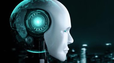 Futuristic robot artificial intelligence huminoid AI programming coding technology development and machine learning concept. Robotic bionic science research for future of human life. 3D rendering.