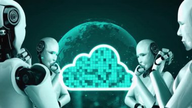 AI robot huminoid uses cloud computing technology to store data on online server . Futuristic concept of cloud information storage analyzed by machine learning process . 3D rendering .