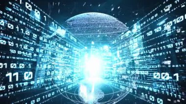 Fütürist küresel ağ ve dijital veri transferi 3D grafik. Yeni bilgi çağındaki küresel eğilimleri değiştiren akıllı dijital dönüşüm ve teknoloji bozulması kavramı .