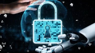 Gelecekçi robot yapay zeka yapay zeka yapay zekayı aydınlatıyor ve makine öğrenme kavramını geliştiriyor. İnsan hayatının geleceği için küresel robot biyonik bilim araştırması. 3B görüntüleme grafiği.