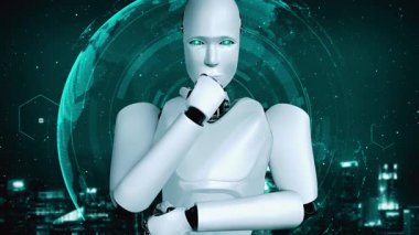 Thinking AI hominoid robot analyzing hologram screen shows concept of network global communication using artificial intelligence by machine learning process. 3D rendering computer graphic.