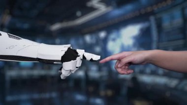 İnsan eliyle yapay zeka sohbet robotu arasındaki etkileşimi gösteren büyüleyici bir sahne. Dijital bir arayüzde görüntülenmiş, teknolojiyi ve iletişimi ön plana çıkaran. Auvana