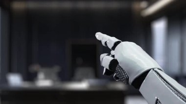 Robotik bir el, modern ofis ortamında ileri teknolojiyi gösteren dijital bir klasör arayüzüne işaret ediyor. Otomasyon ve iş akışıyla ilgili görseller için mükemmel. Auvana