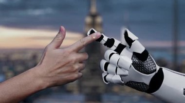 Modern bir çalışma alanında, teknoloji ve dijital iletişimin dinamik bir iş ortamında entegrasyonunu vurgulayan, bulut veri sembolleriyle etkileşen bir robot el sergileniyor. Auvana