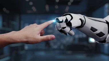 Gelişmiş teknoloji ve etkileşimi temsil eden dijital veri görselleriyle çevrili bir robot kol ve insan eli arasındaki bağlantıyı gösteren büyüleyici bir sahne. Auvana