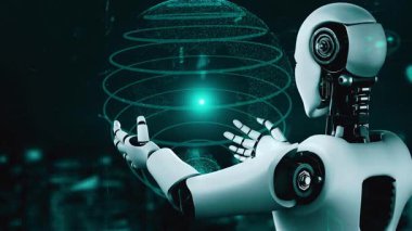 Internet connection controlled by AI robot huminoid and machine learning process to analyze data connectivity and cyber security . 3D rendering .