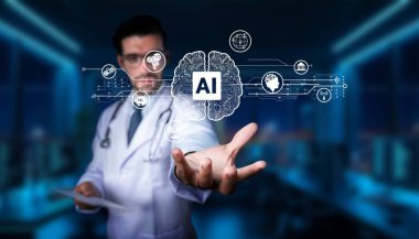 Bir sağlık hizmetleri uzmanı yapay zeka teknolojisinden faydalanıyor, dijital beyin konseptlerinin ve tıbbi ikonların entegrasyonunu gösteriyor, hasta bakımındaki gelecekteki gelişmeleri sembolize ediyor. PHMT