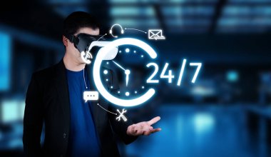 Sanal bir destek aracısı, modern bir çağrı merkezindeki dinamik ikonlar aracılığıyla 24 7 müşteri hizmetini sergiliyor. Teknoloji ve hizmet mükemmelliğinin karışımını vurguluyor. XDMCP