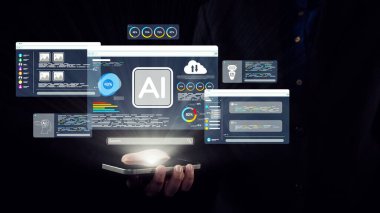 Bir akıllı telefonun çeşitli ekranlarında gösterilen etkileşimli grafik elementleri ve veri analizleriyle yapay zekayı gösteren modern bir dijital sahne. Dörtgen