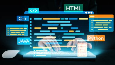 Bir programcı, modern dijital çalışma alanında çeşitli programlama dillerini temsil eden canlı kodlama elemanlarıyla çevrili bir klavyeye yazı yazar. Dörtgen